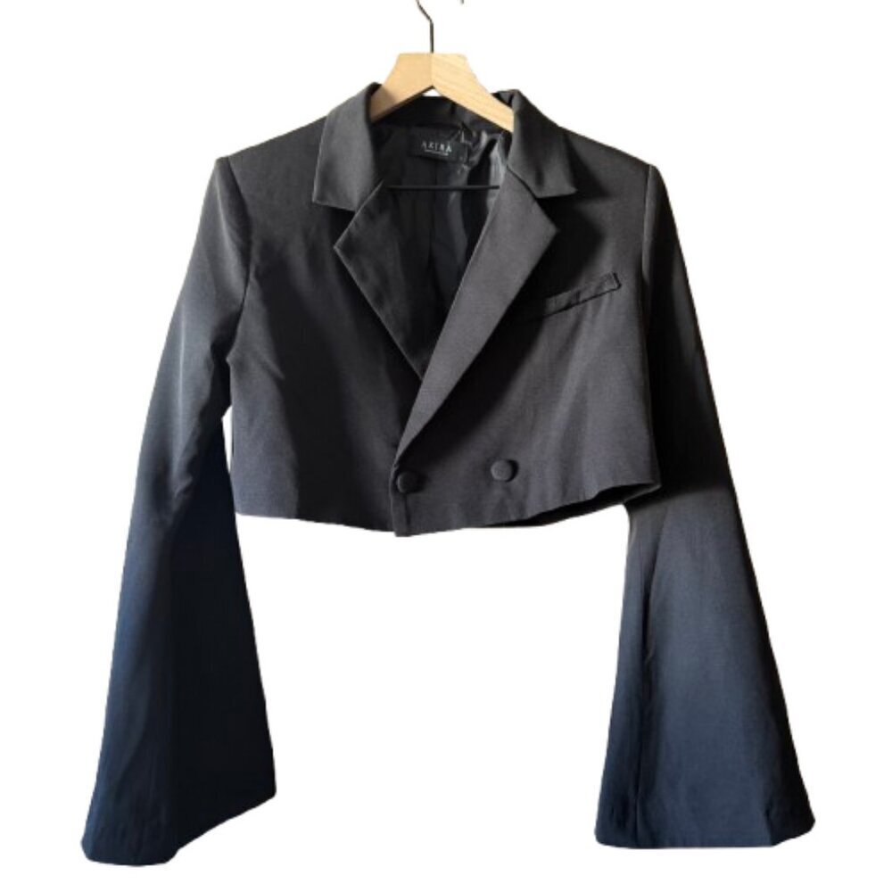 Women's L Akira Bell Sleeved Cropped Black Structured Blazer